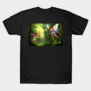 Mystic fairies flying in an enchanted forest T-Shirt